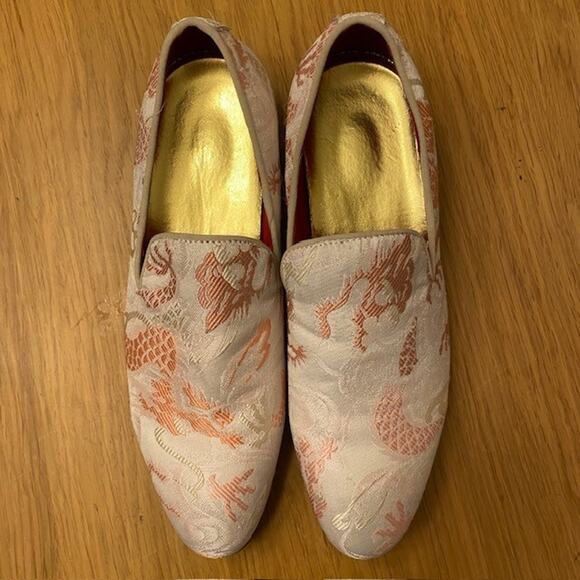 Dress Loafers Size EU 39 Mens 7 Womens 9 Slip on Embroidered Pink Jacquard Shoes - Picture 2 of 9